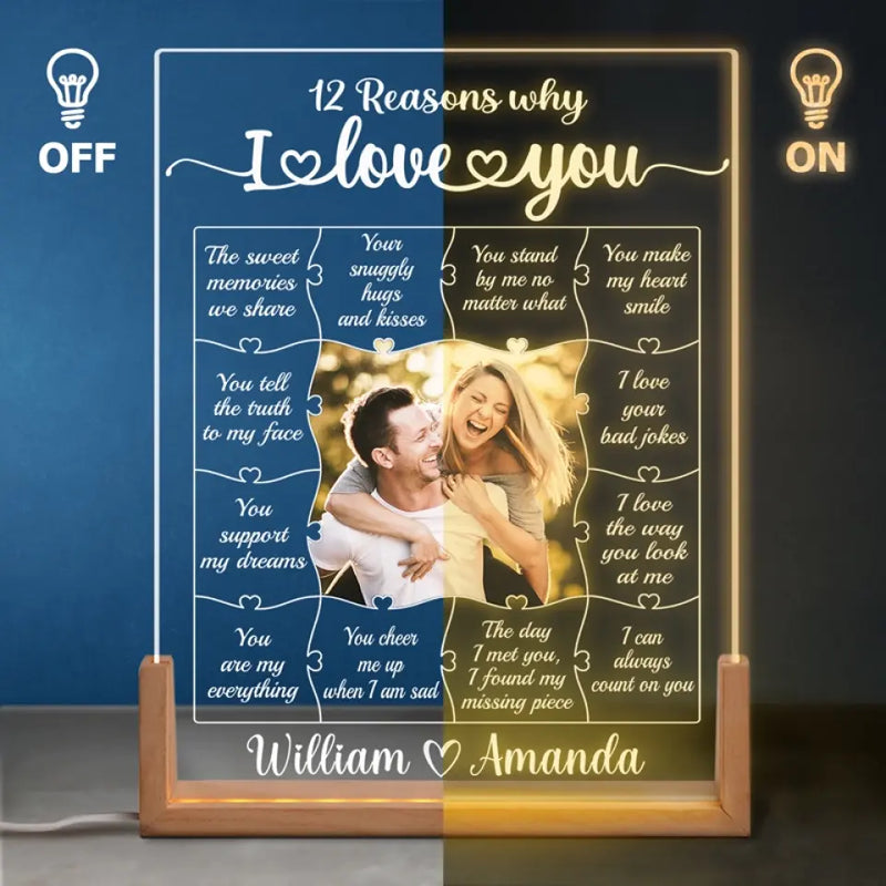 Custom Photo 12 Reasons Why I Love You Gifts for Couples - Personalized 3D LED Walnut Night Light