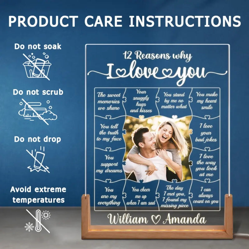 Custom Photo 12 Reasons Why I Love You Gifts for Couples - Personalized 3D LED Walnut Night Light