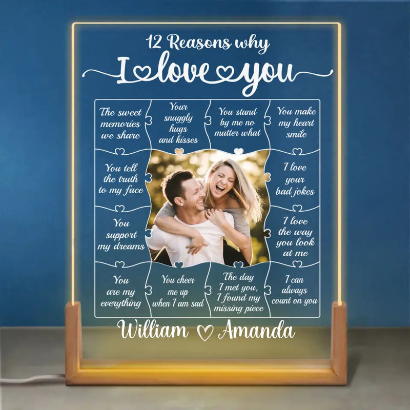 Custom Photo 12 Reasons Why I Love You Gifts for Couples - Personalized 3D LED Walnut Night Light
