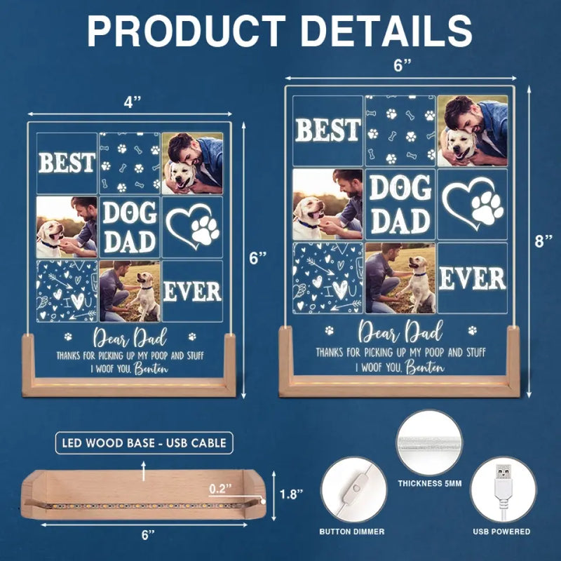 Custom Photo Dog Dad Gifts for Father's Day - Personalized 3D LED Walnut Night Light