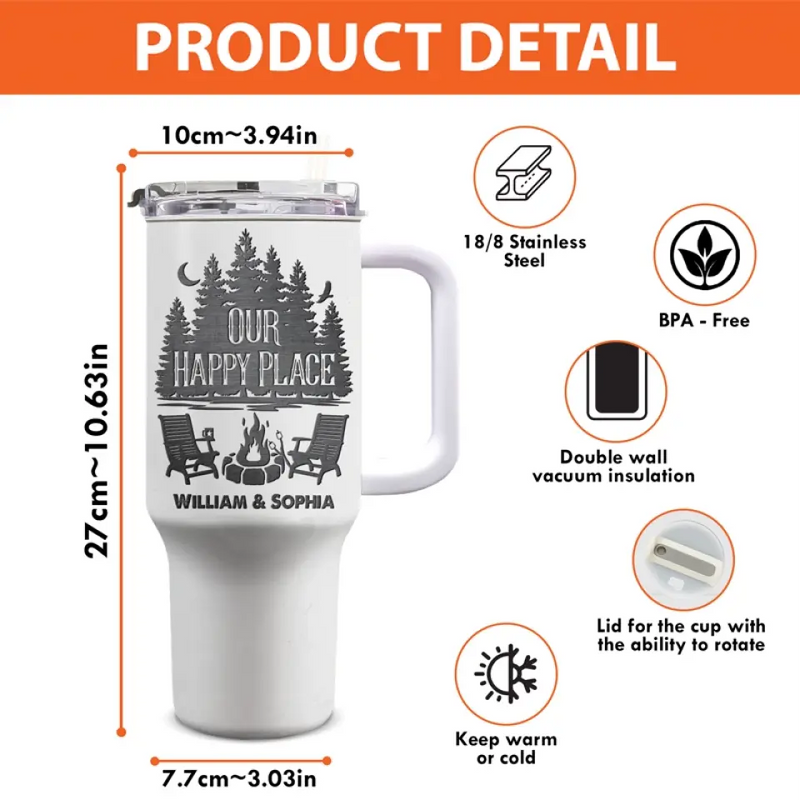 Custom Name Our Happy Place Camping Gifts for Couples - Personalized 40 Oz Tumbler With Handle