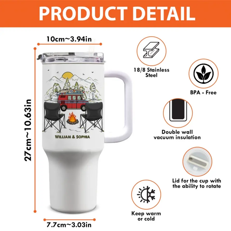 Custom Name Husband Wife Camping Gifts for Couples - Personalized 40 Oz Tumbler With Handle