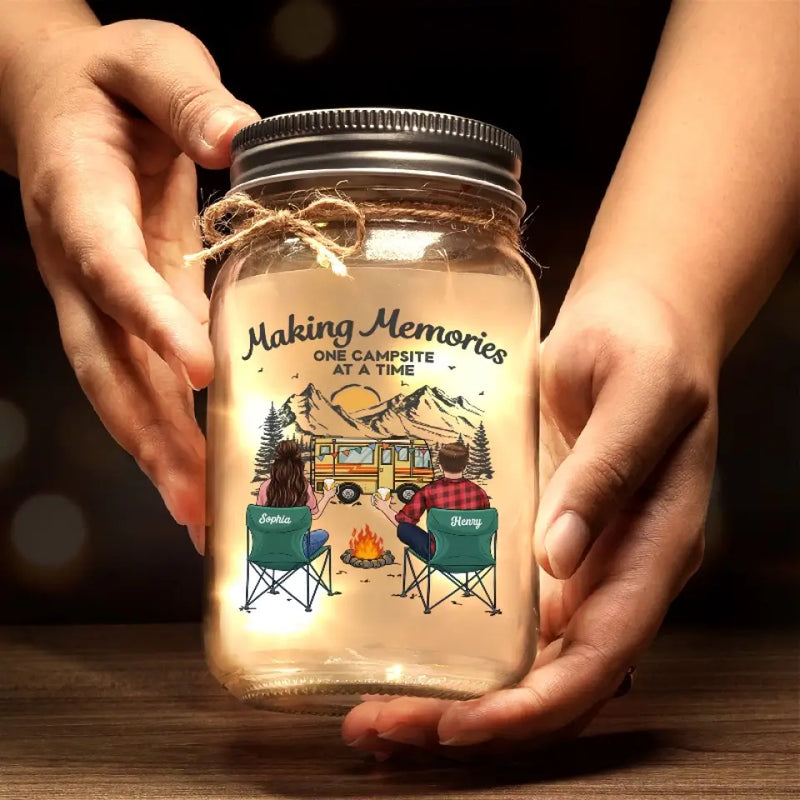 Making Memories Together, Side By Side - Camping Personalized Custom Mason Jar Light - Gift For Couple, Husband Wife, Camping Lovers