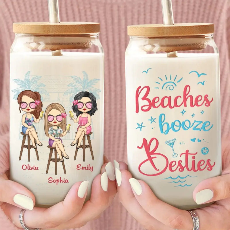 Beach Days And Besties Always - Bestie Personalized Custom Glass Cup, Iced Coffee Cup - Summer Vacation Gift For Best Friends, BFF, Sisters