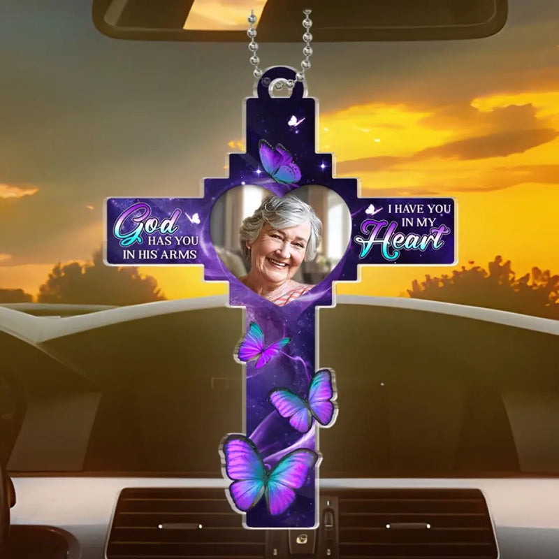 Custom Photo Memorial Butterfly Cross Decor - Personalized Car Ornament