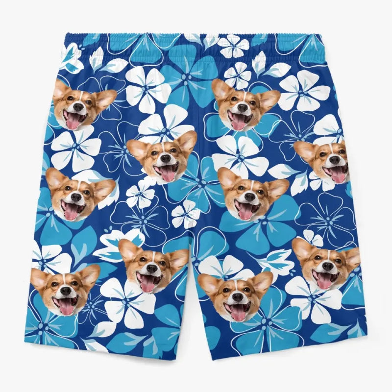 Corgi Floral Dog Lover Beach Shorts - Blue Tropical Dog Print