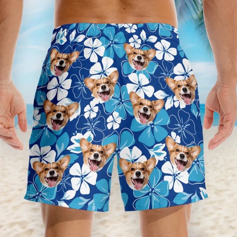 Corgi Floral Dog Lover Beach Shorts - Blue Tropical Dog Print