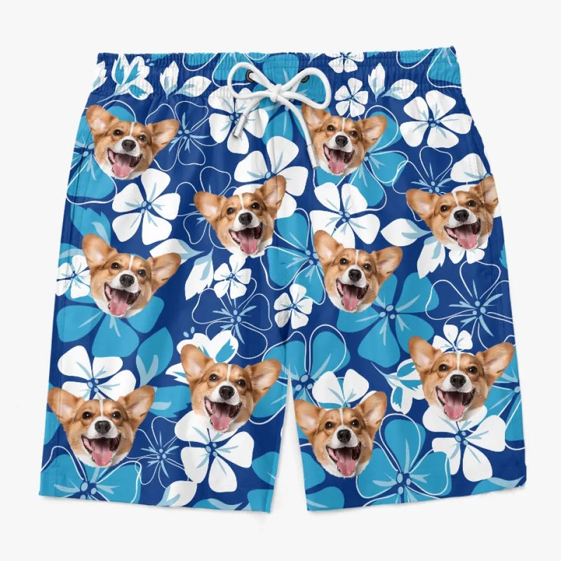 Corgi Floral Dog Lover Beach Shorts - Blue Tropical Dog Print