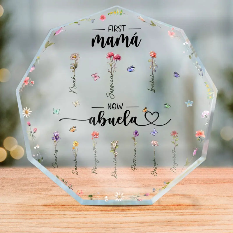 Custom Name First Mama Now Abuela Gift - Personalized Shaped Acrylic Plaque