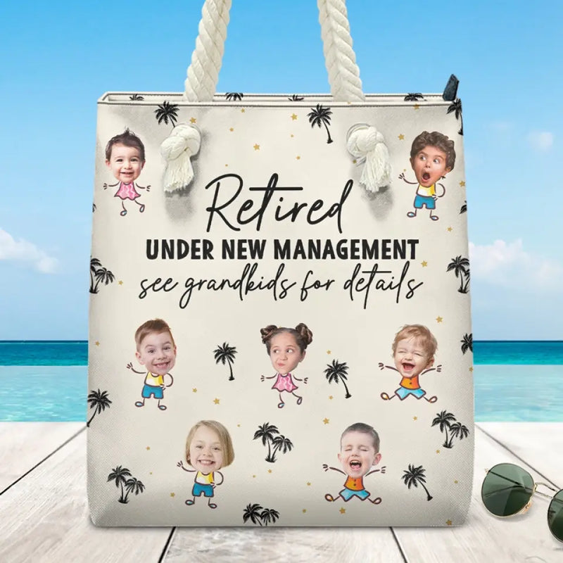 Custom Photo Retired Under New Management Gifts for Grandparents - Personalized Beach Bag