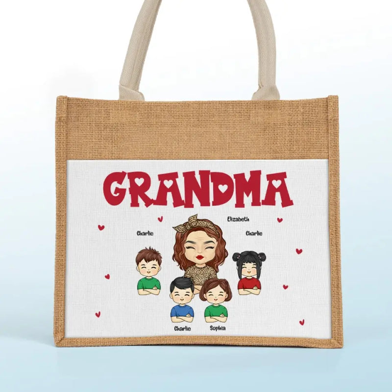 Custom Name Grandma Family Gifts - Personalized Jute Tote Bag