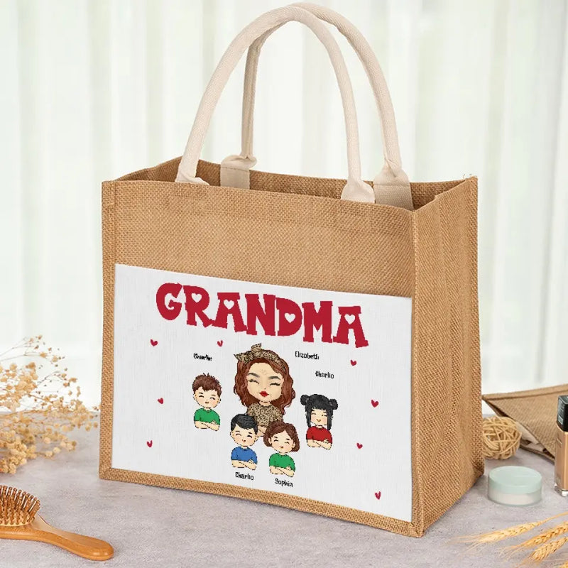Custom Name Grandma Family Gifts - Personalized Jute Tote Bag