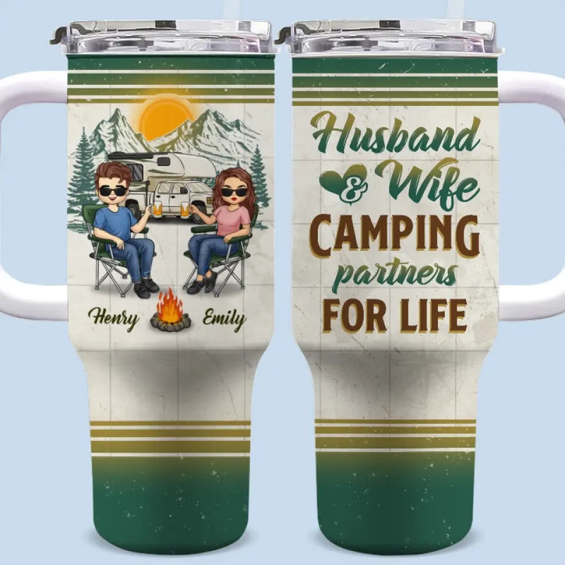 Custom Name Husband and Wife Camping Gifts for Couples - Personalized 40 Oz Tumbler With Handle