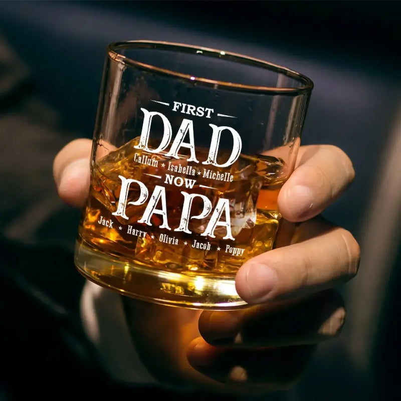 First Daddy, Now Grandpa - Family Personalized Custom Whiskey Glass - Gift For Dad, Grandpa