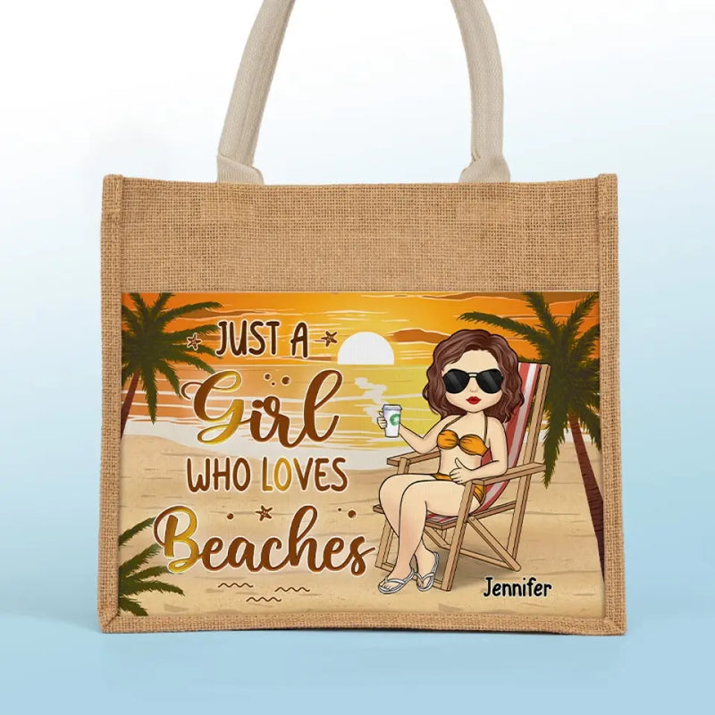 Custom Name Beach Lover Gifts for Women - Personalized Jute Tote Bag