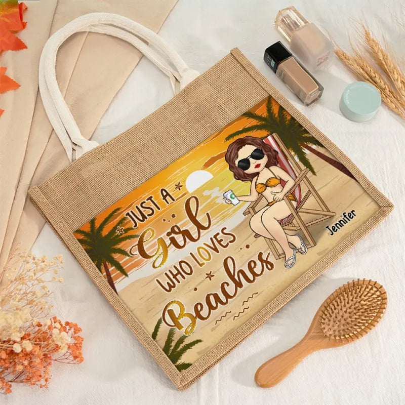 Custom Name Beach Lover Gifts for Women - Personalized Jute Tote Bag