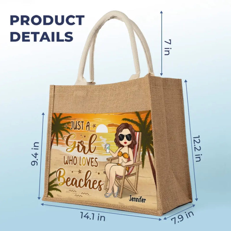 Custom Name Beach Lover Gifts for Women - Personalized Jute Tote Bag
