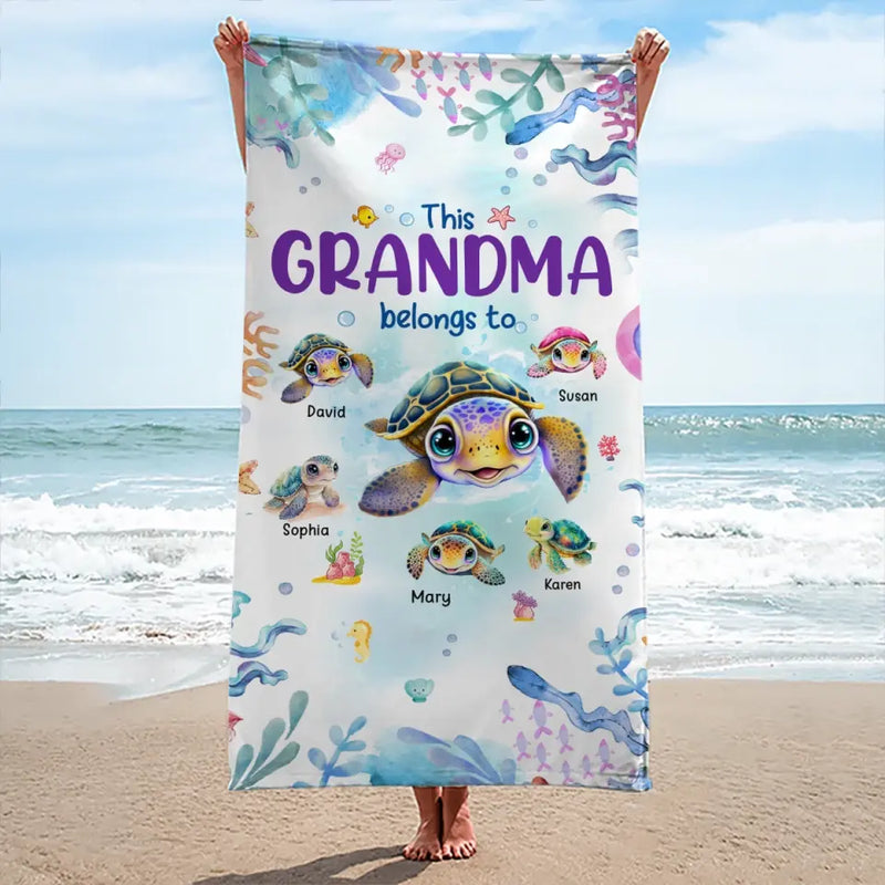 Custom Name Sea Turtle Grandma Gifts - Personalized Beach Towel