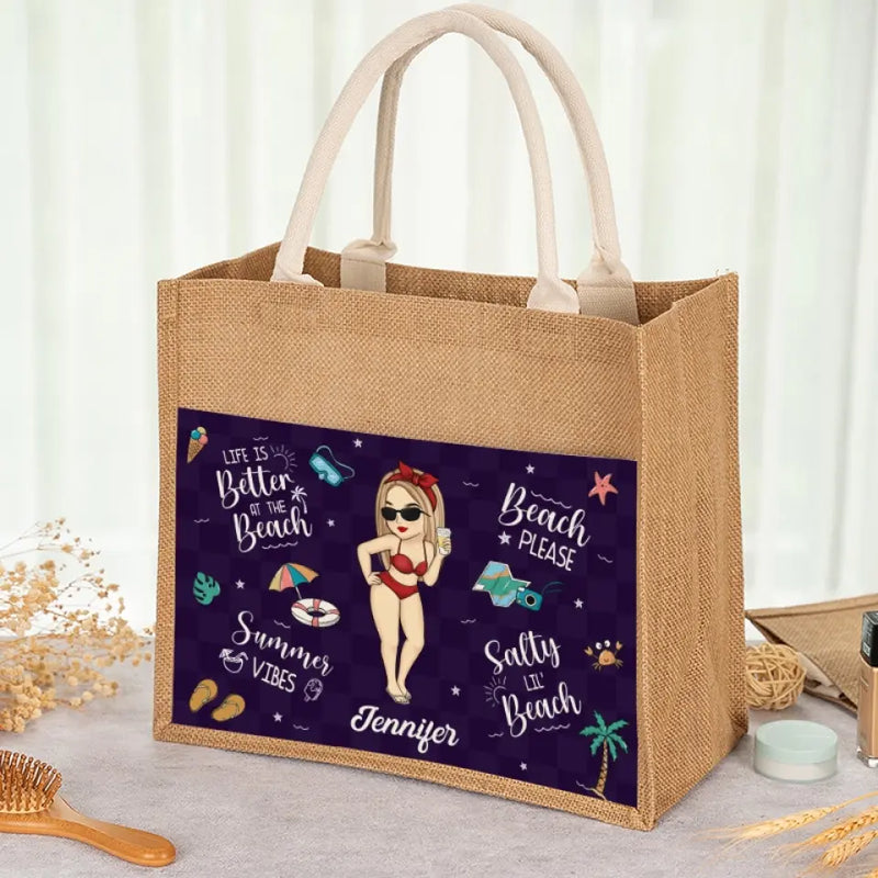 Custom Name Beach Vacation Gifts for Women - Personalized Jute Tote Bag