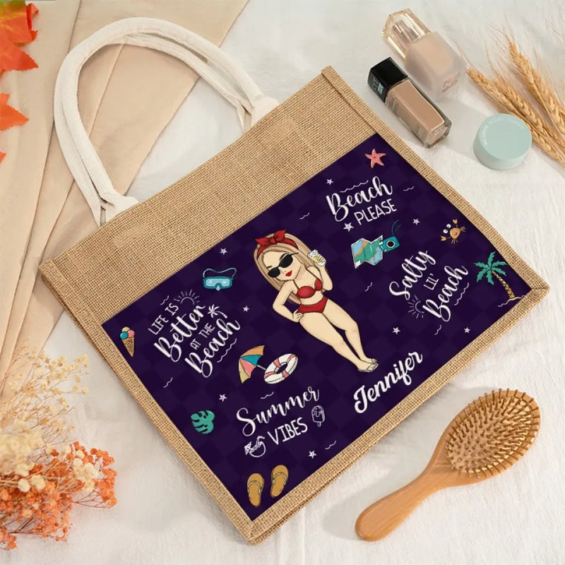 Custom Name Beach Vacation Gifts for Women - Personalized Jute Tote Bag
