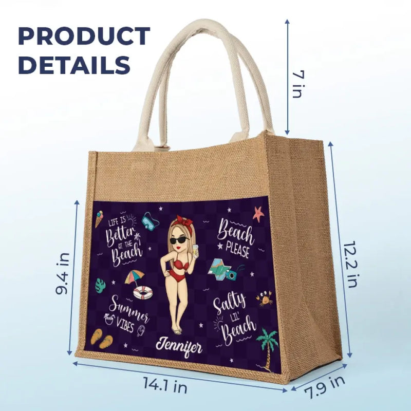 Custom Name Beach Vacation Gifts for Women - Personalized Jute Tote Bag