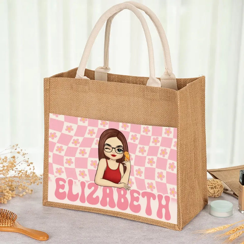 Custom Name Retro Floral Gifts for Women - Personalized Jute Tote Bag