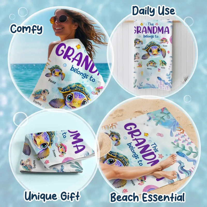 Custom Name Sea Turtle Grandma Gifts - Personalized Beach Towel