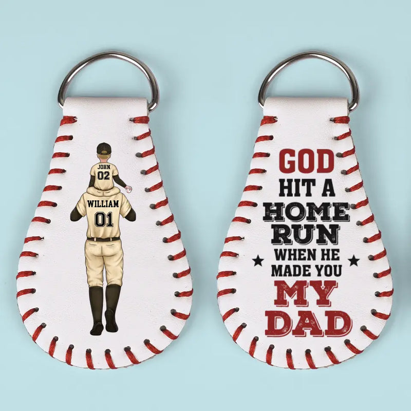 God Hit A Home Run When He Made You My Dad - Family Personalized Custom Leather Keychain - Gift For Family Members