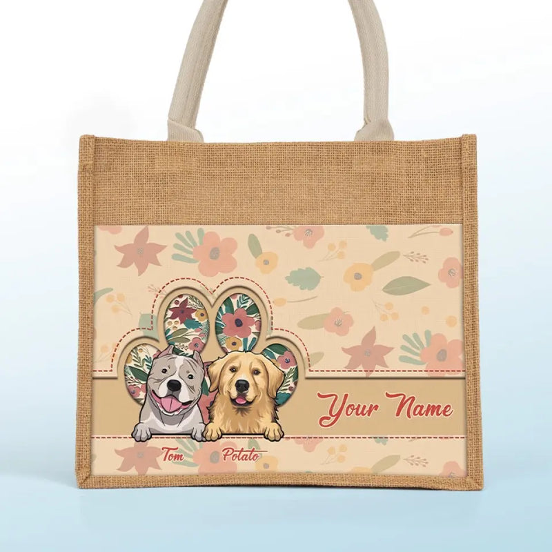 Custom Name Floral Dog Gifts for Pet Lovers - Personalized Jute Tote Bag