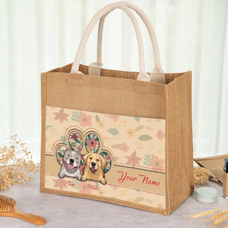 Custom Name Floral Dog Gifts for Pet Lovers - Personalized Jute Tote Bag