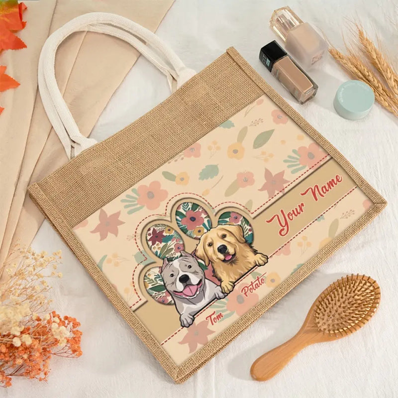 Custom Name Floral Dog Gifts for Pet Lovers - Personalized Jute Tote Bag