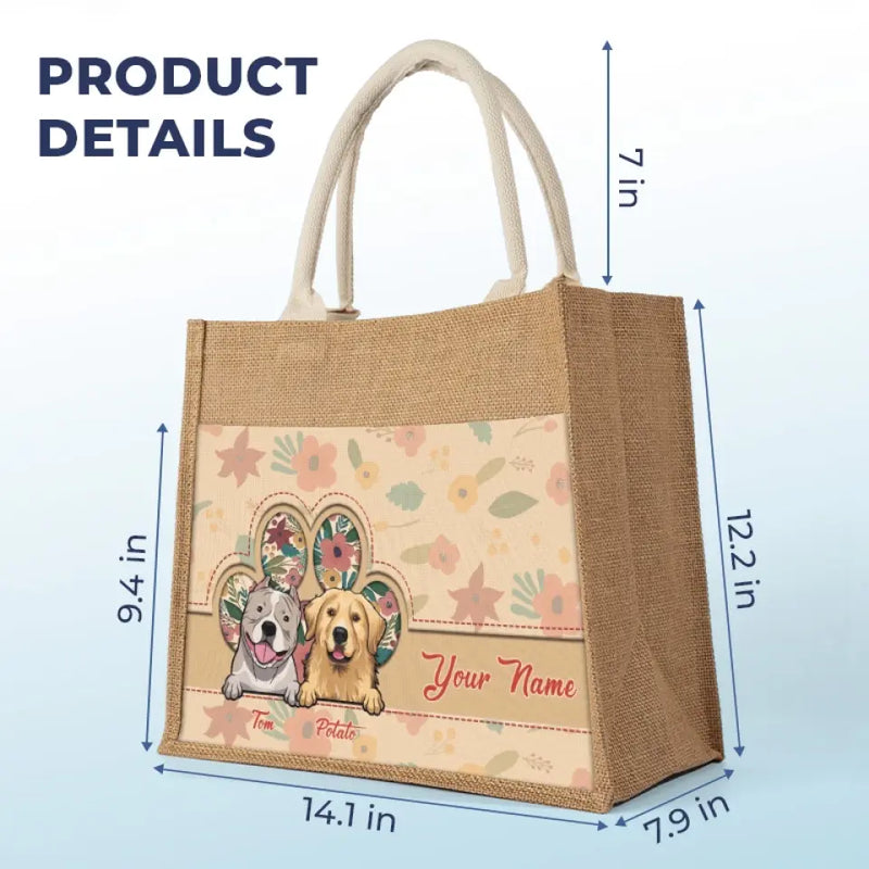 Custom Name Floral Dog Gifts for Pet Lovers - Personalized Jute Tote Bag