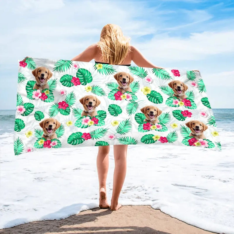 Golden Retriever Puppy Tropical Beach Design - Beach Towel