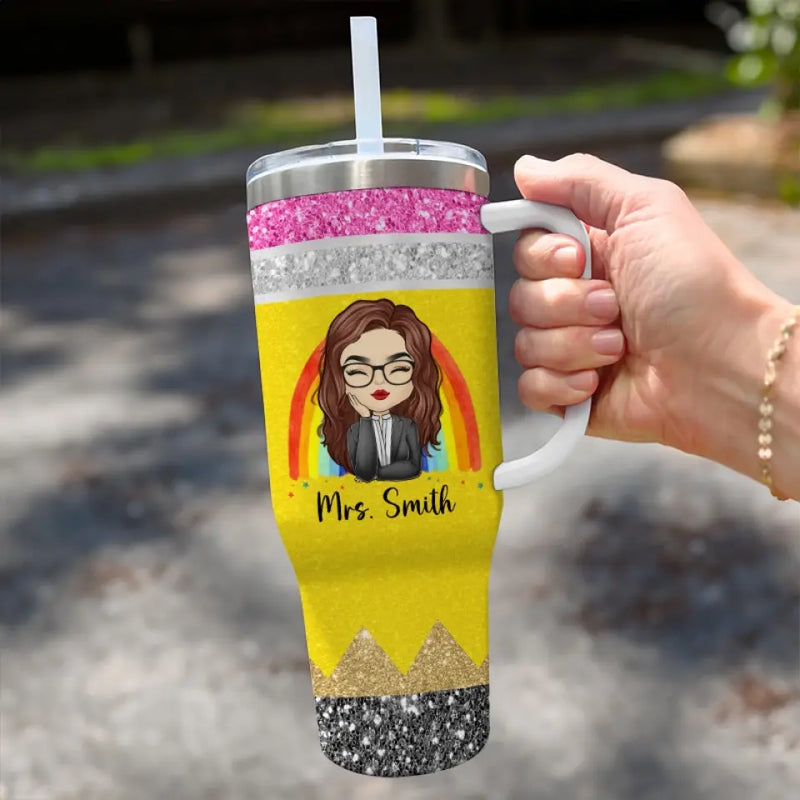 Custom Name Rainbow Teacher Gifts - Personalized 40 Oz Tumbler With Handle