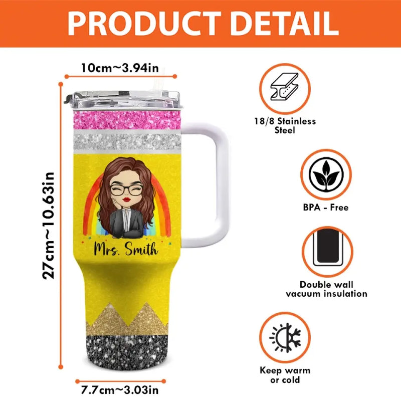 Custom Name Rainbow Teacher Gifts - Personalized 40 Oz Tumbler With Handle