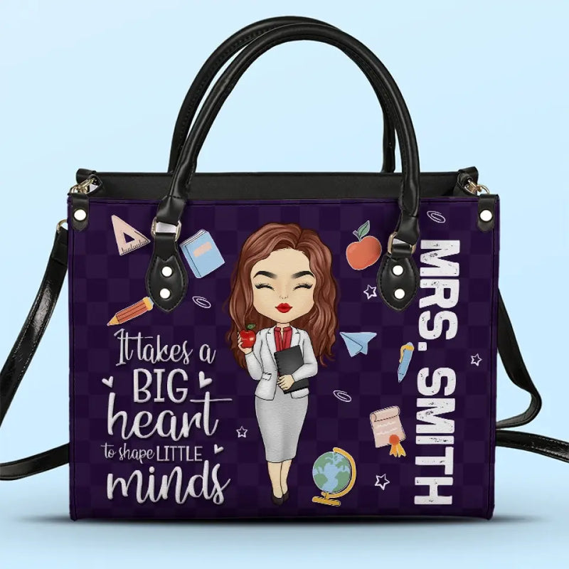 Custom Name Teacher Gifts With Big Heart Quote - Personalized Leather Handbag