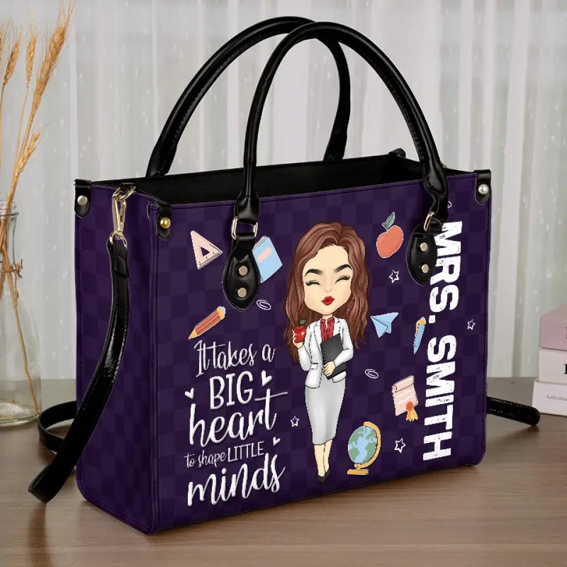 Custom Name Teacher Gifts With Big Heart Quote - Personalized Leather Handbag