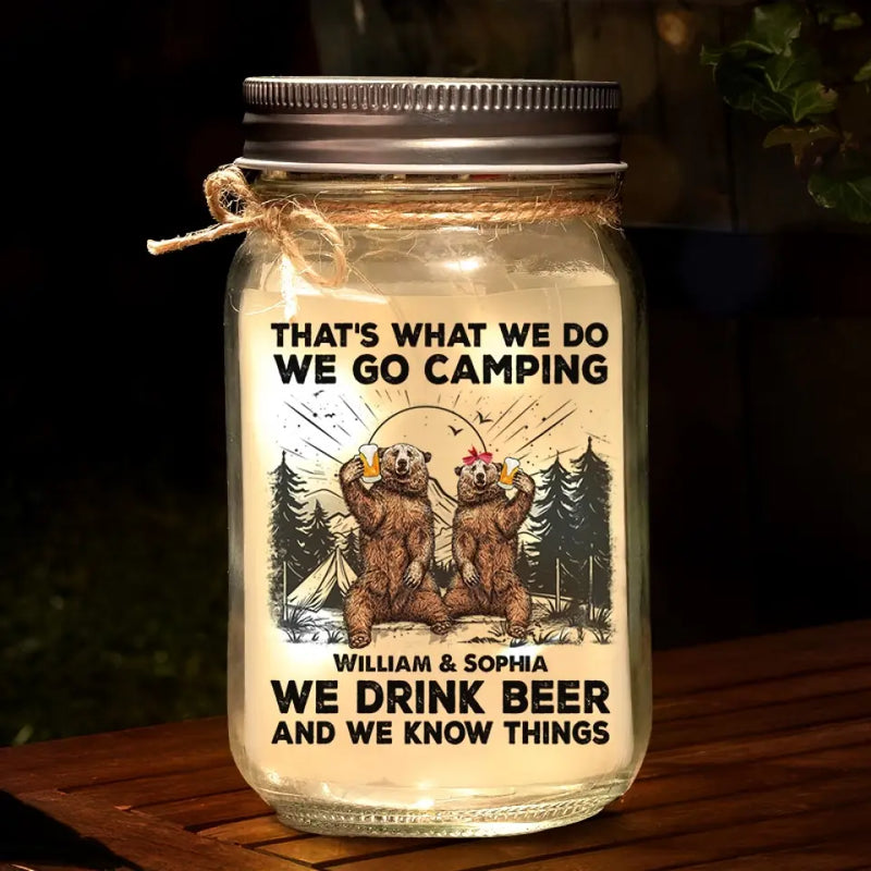 Custom Name Camping Beer Gifts for Couples - Personalized Mason Jar Light