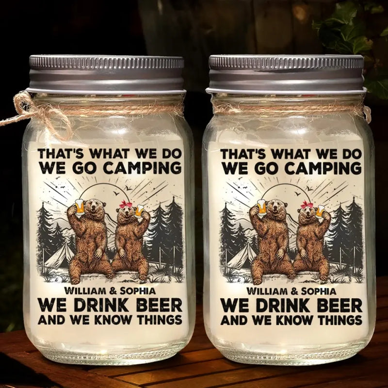 Custom Name Camping Beer Gifts for Couples - Personalized Mason Jar Light