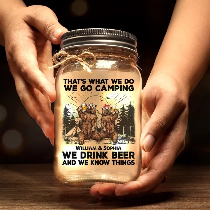 Custom Name Camping Beer Gifts for Couples - Personalized Mason Jar Light