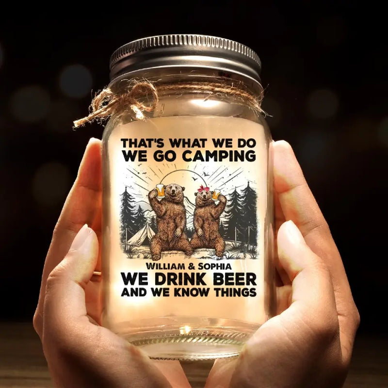 Custom Name Camping Beer Gifts for Couples - Personalized Mason Jar Light