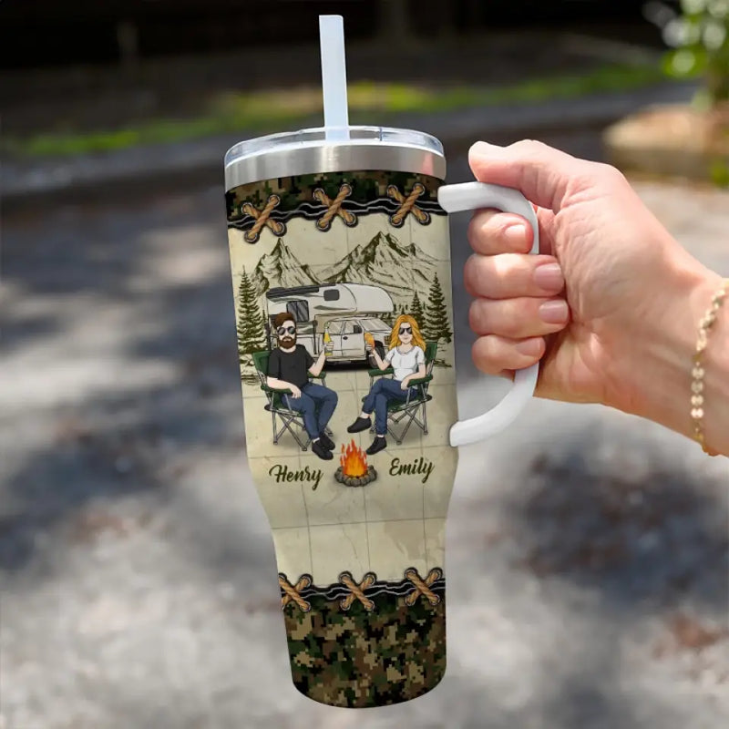Custom Name Camping Gifts for Couples - Personalized 40 Oz Tumbler With Handle