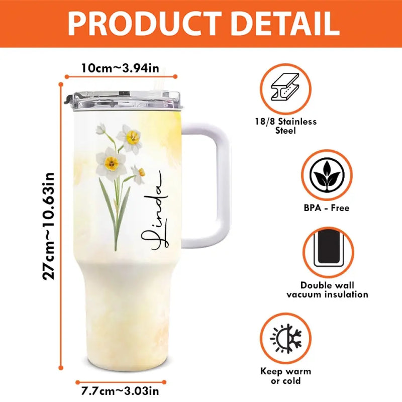 Custom Name Floral Drinkware - Personalized 40 Oz Tumbler With Handle