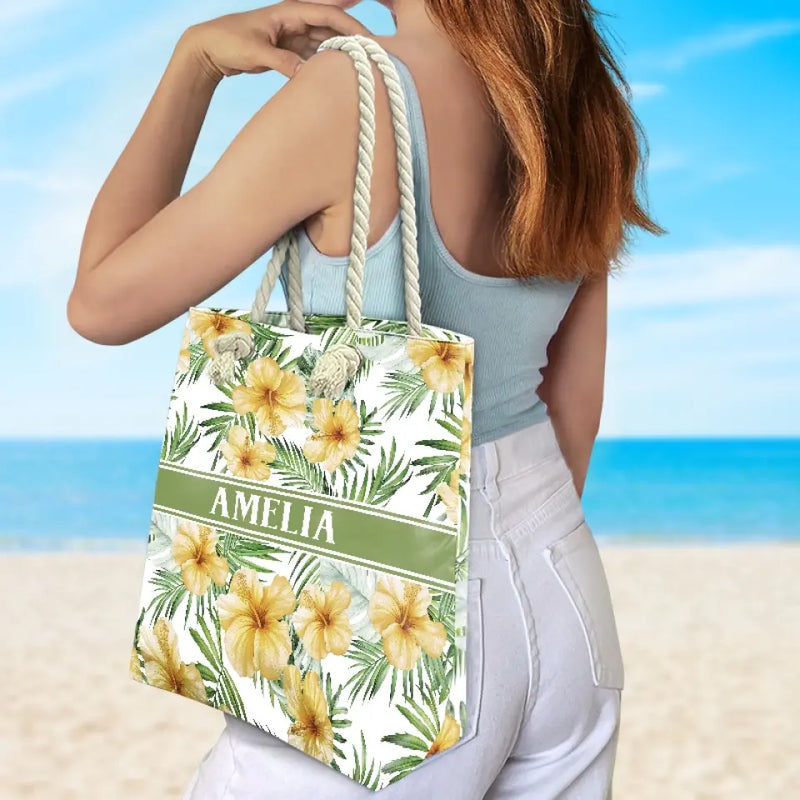 Custom Name Tropical Hibiscus Beach Gifts - Personalized Beach Bag