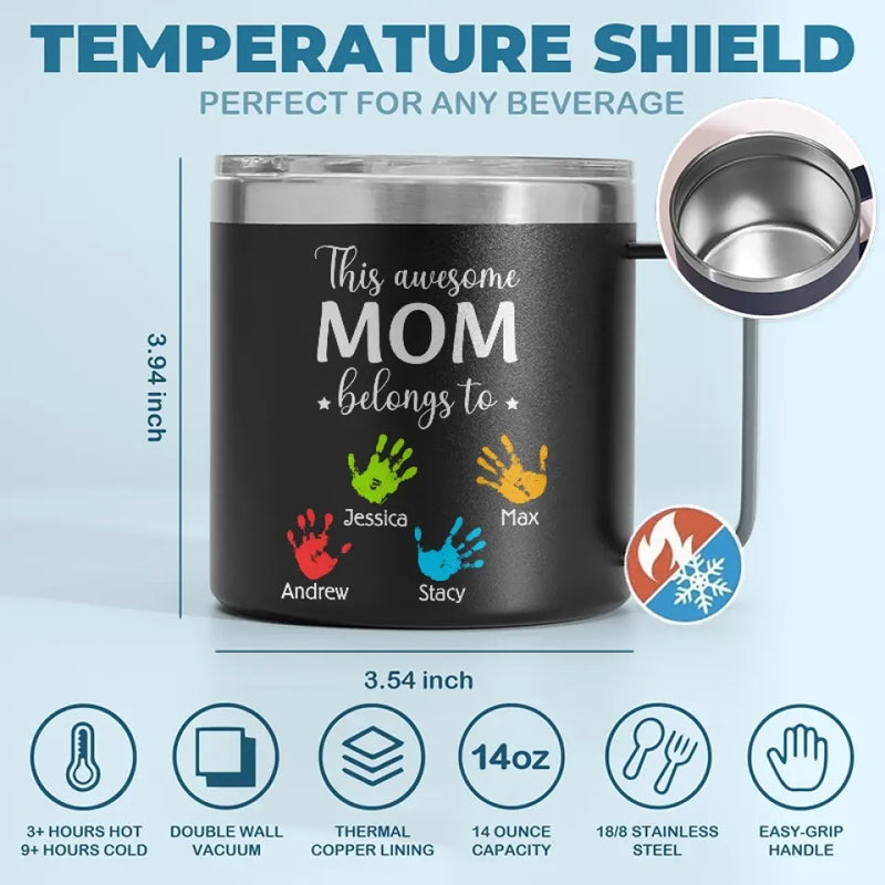 These Hands Hold Your Heart Forever - Family Personalized Custom 14oz Stainless Steel Tumbler With Handle - Gift For Mom, Grandma