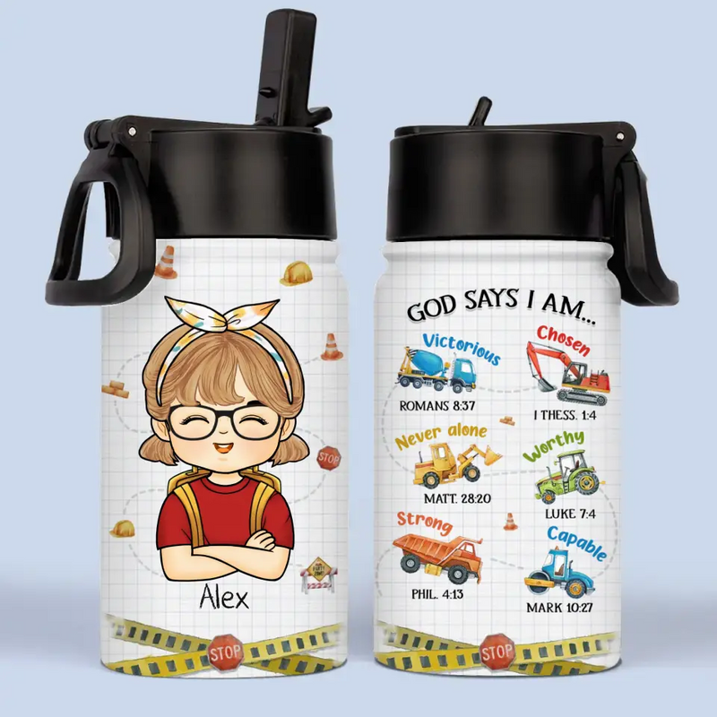 Custom Name Construction Truck Christian Gifts for Boys - Personalized Kid Water Bottle
