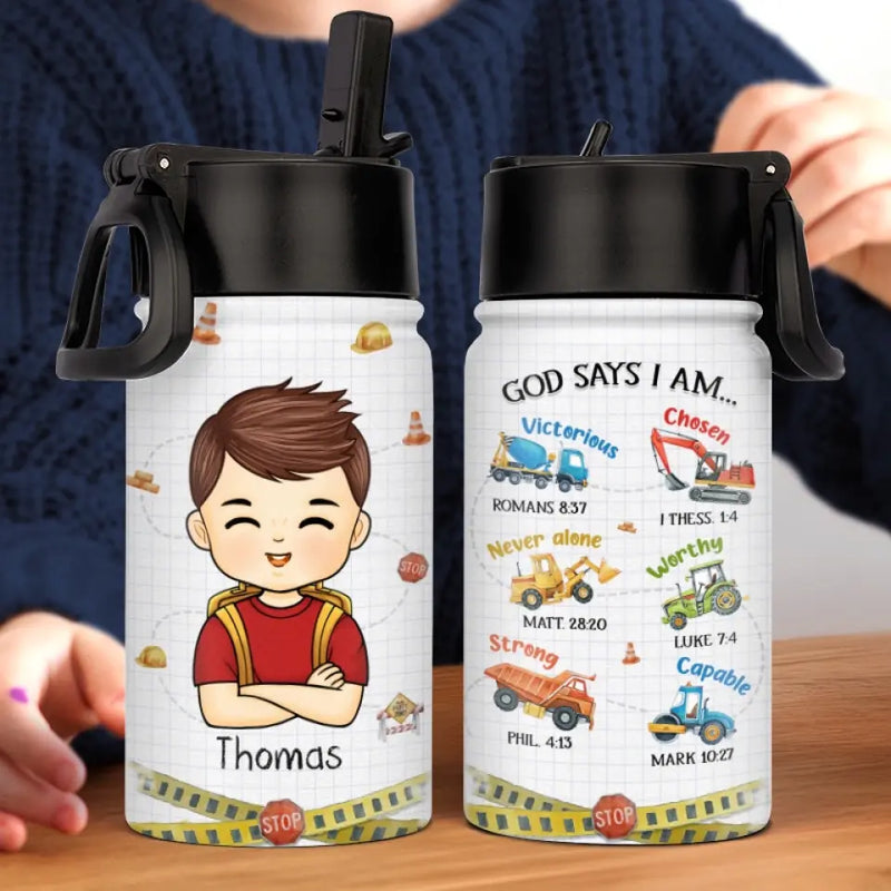 Custom Name Construction Truck Christian Gifts for Boys - Personalized Kid Water Bottle