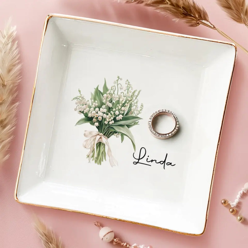 Custom Name Lily of the Valley Bouquet Gift - Personalized Jewelry Dish