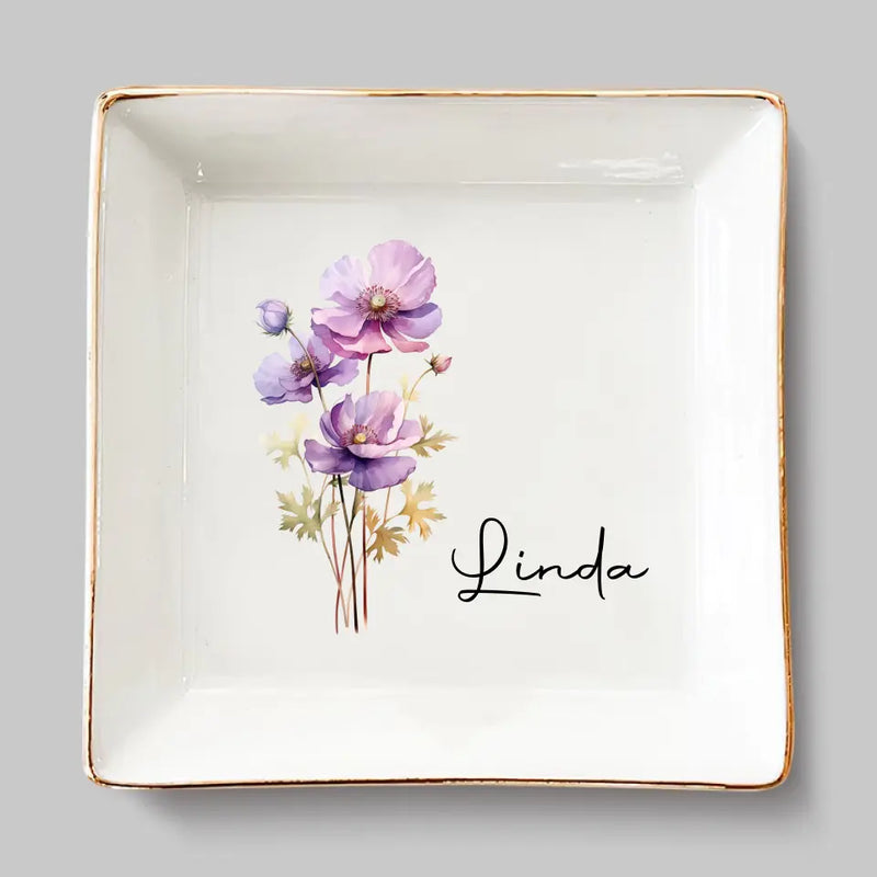 Custom Name Purple Floral Decor - Personalized Jewelry Dish