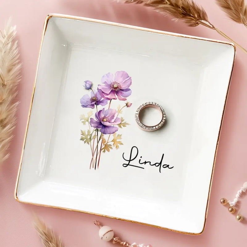 Custom Name Purple Floral Decor - Personalized Jewelry Dish